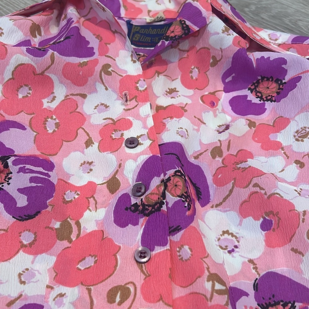 Vintage 1960's / 1970's Panhandle Slim Pink Floral Button Up Shirt Size XS - Picture 2 of 6